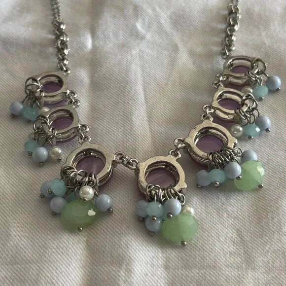 Pastel Cat Eye Statement Necklace Lavender Cabochon Mint Blue Charms - Picture 5 of 7
